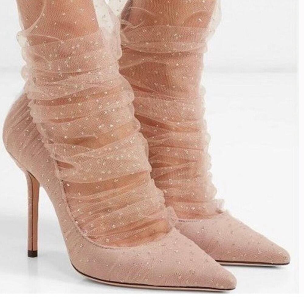 Jimmy Choo Lavish 100 Ballet Pink Ruched Glitter Mesh Heels | 39.5